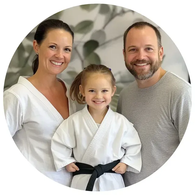 A man and woman are posing for a picture with a little boy in a karate uniform