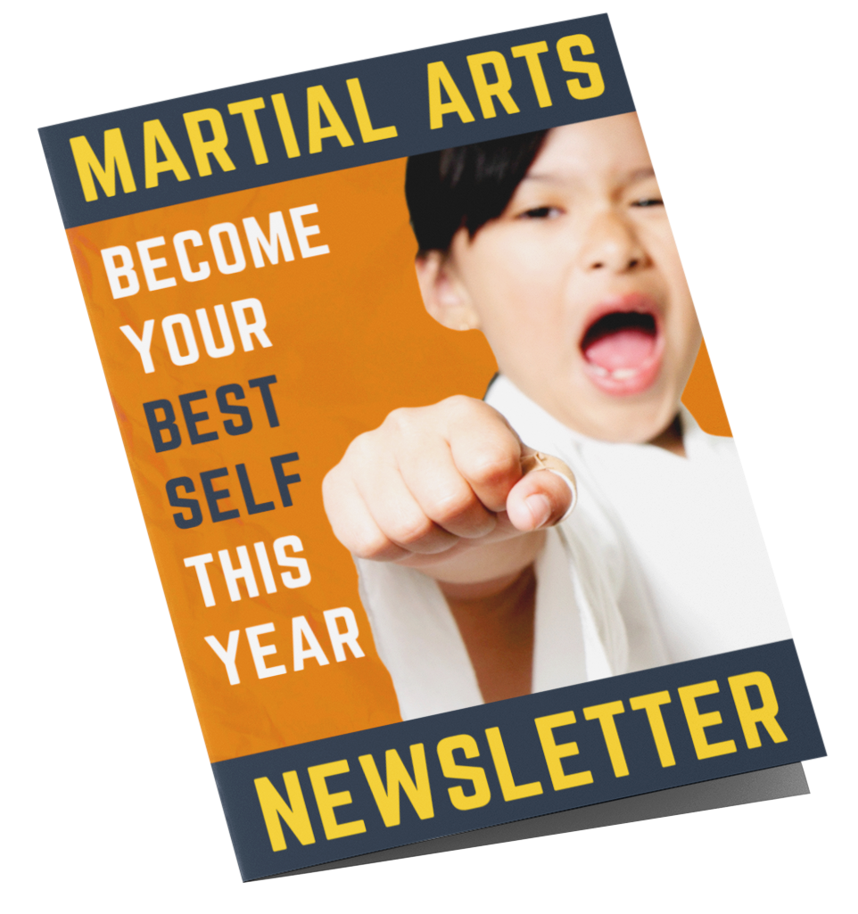 A martial arts newsletter with a picture of a boy pointing