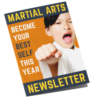 A martial arts newsletter with a picture of a boy pointing