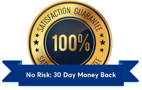 A 100 % satisfaction guarantee badge with a blue ribbon