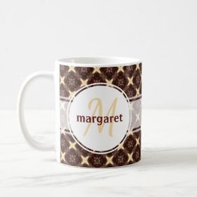 Monogram mug - with red, green, gold geometric pattern