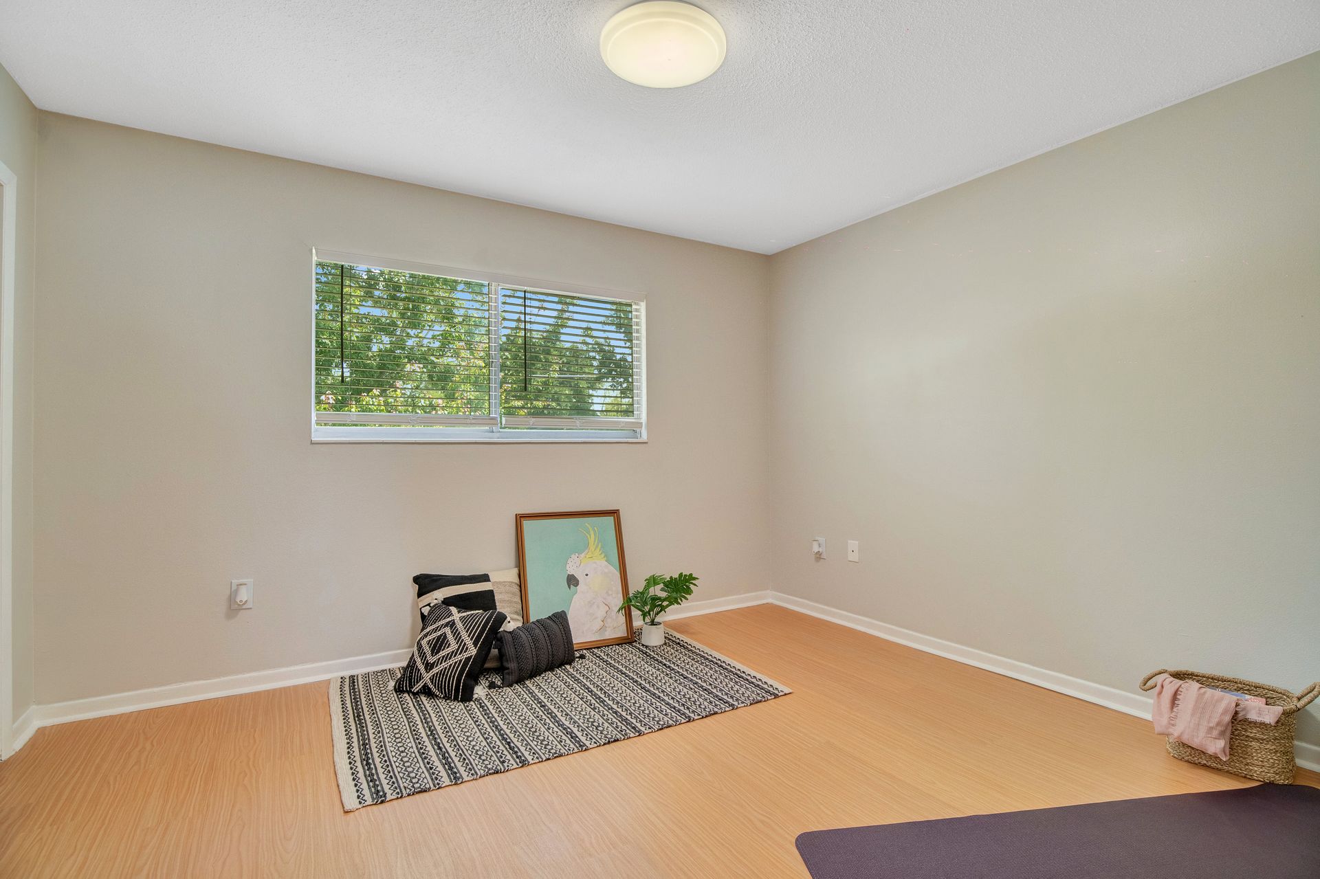 A room with a rug , pillows , a picture and a window.