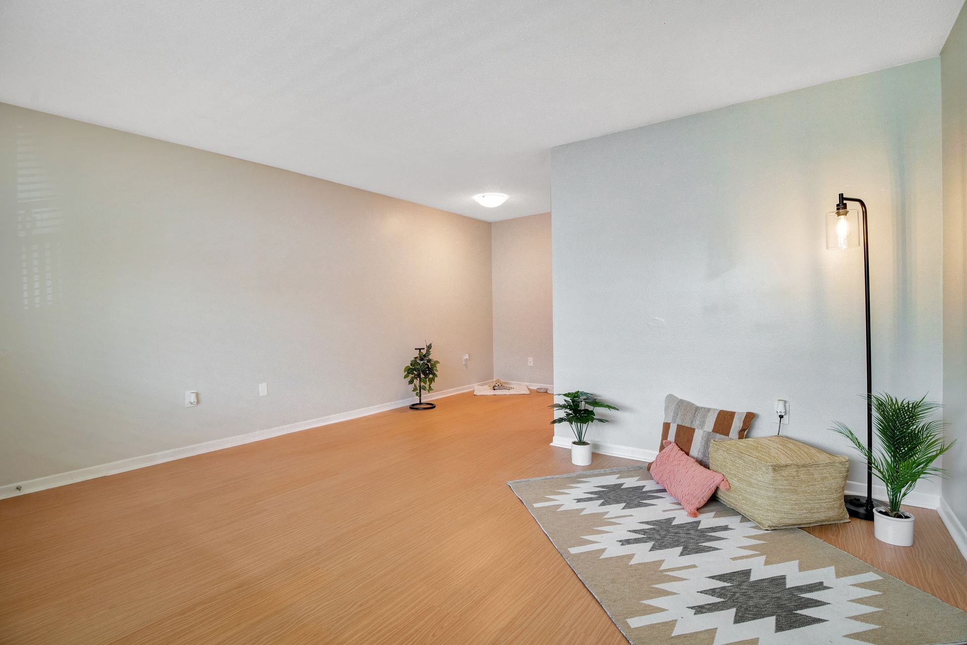 An empty living room with hardwood floors and a rug.