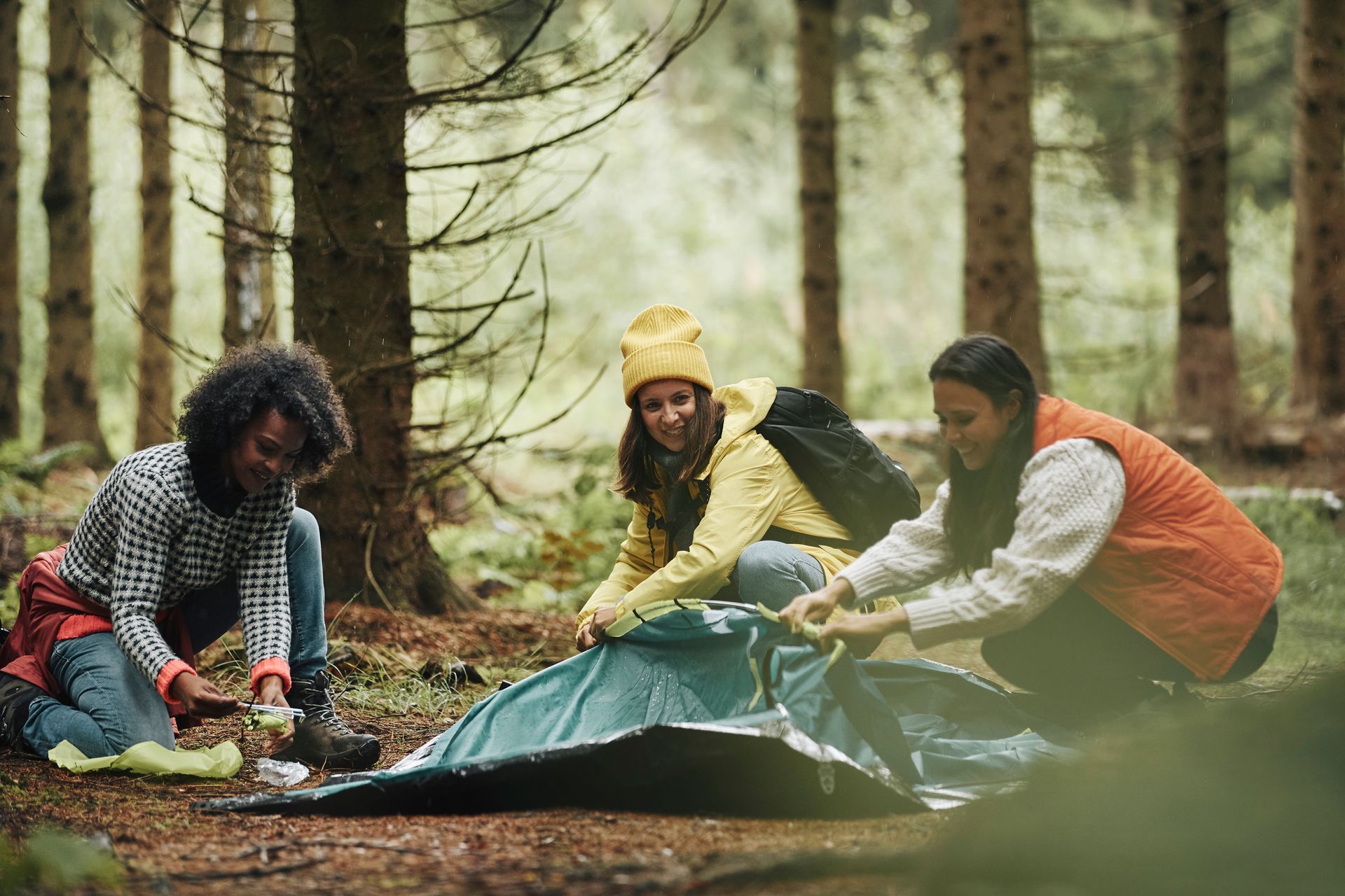 A group of people are setting up a tent in the woods.