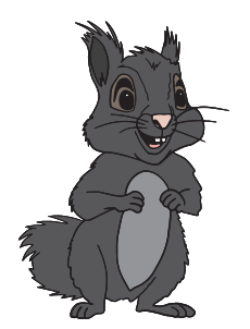 a cartoon black squirrel is standing on its hind legs and smiling
