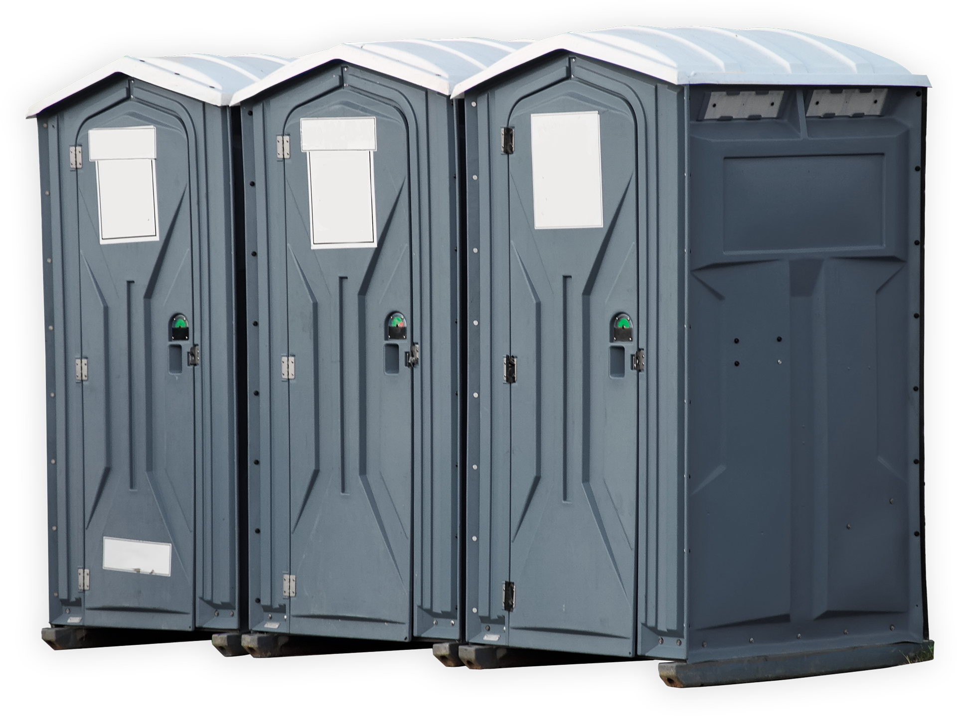 Three blue portable toilets are lined up in a row