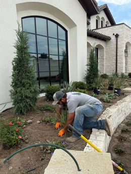 Man planting flowers in a garden bed near a building. He wears a cap, gloves, and jeans.