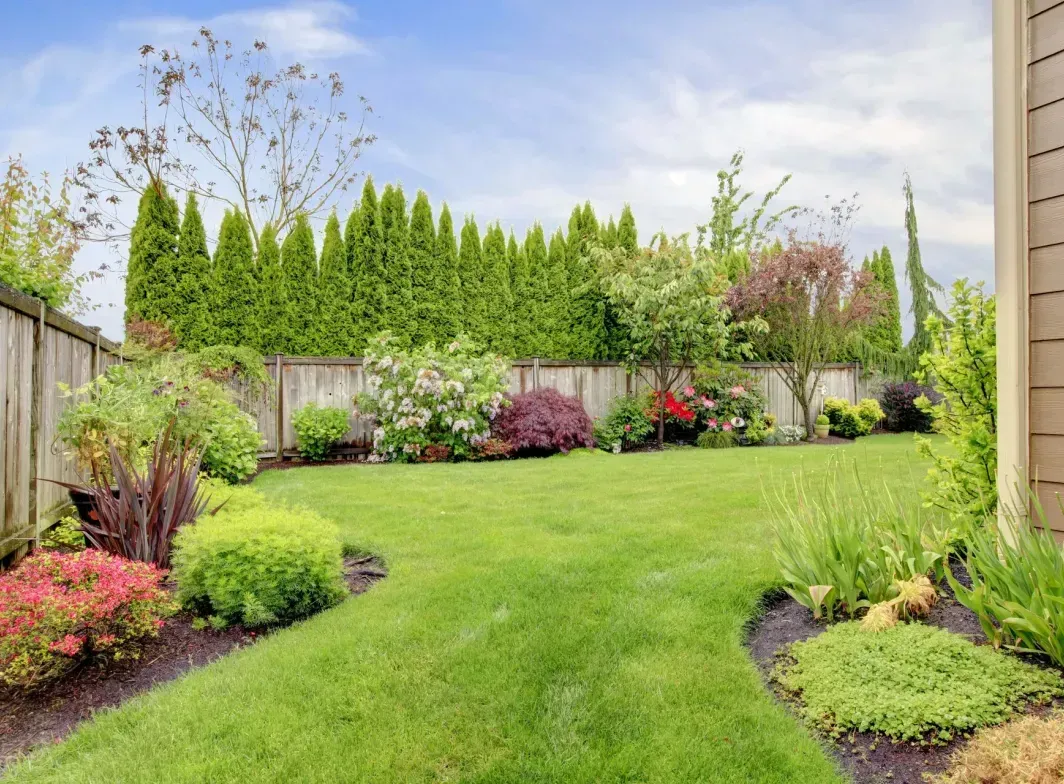 Green lawn, garden beds with various plants, wooden fence, and tall evergreens under a partly cloudy sky.