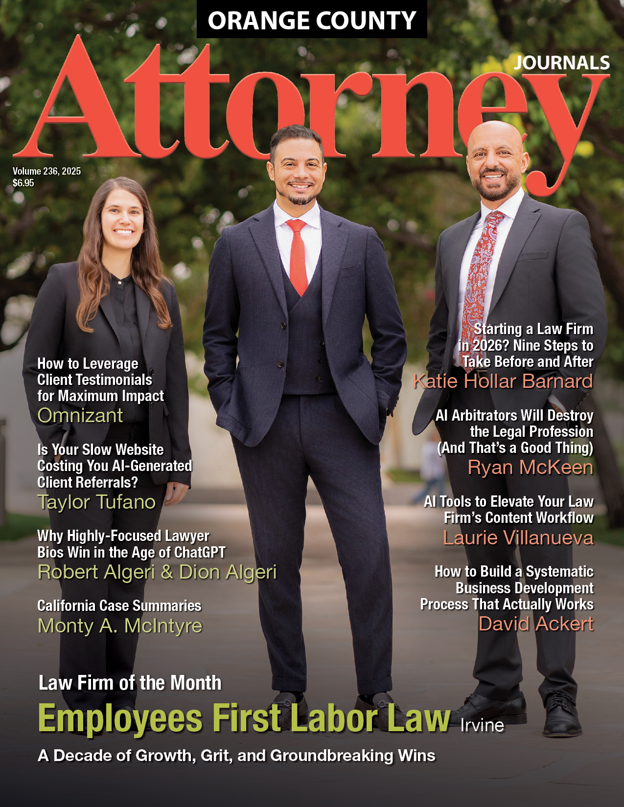 Orange County Attorney Journals cover: Three men in suits, Dunn DeSantis Walt & Kendrick LLP, Law Firm of the Month.