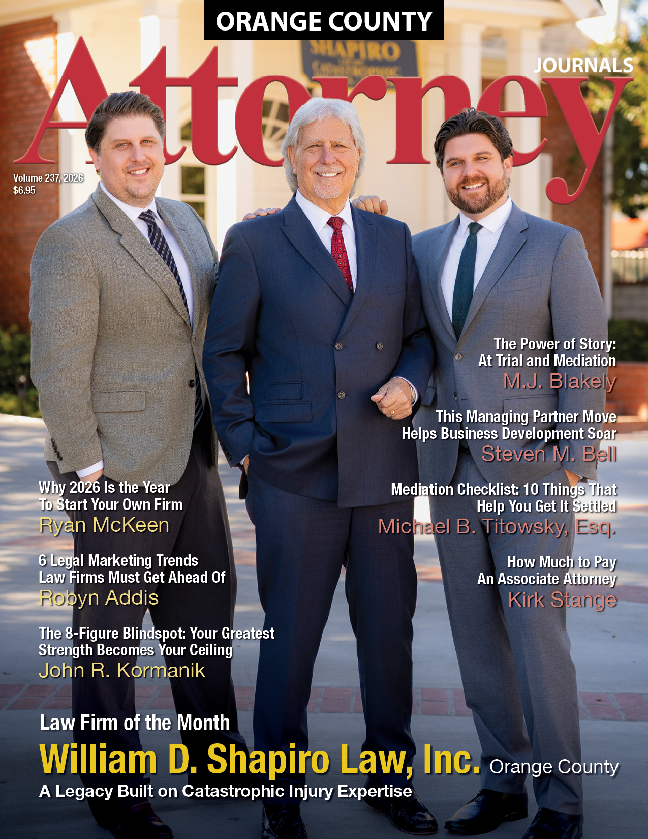 Orange County Attorney Journals cover: Three men in suits, Dunn DeSantis Walt & Kendrick LLP, Law Firm of the Month.