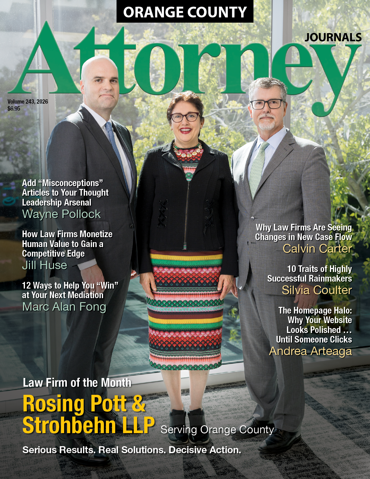 Orange County Attorney magazine cover with three people standing outdoors; law firm of the month featured at bottom