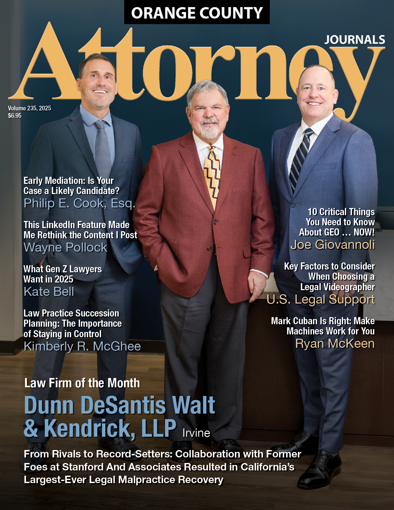 Orange County Attorney Journals cover: Three men in suits, Dunn DeSantis Walt & Kendrick LLP, Law Firm of the Month.