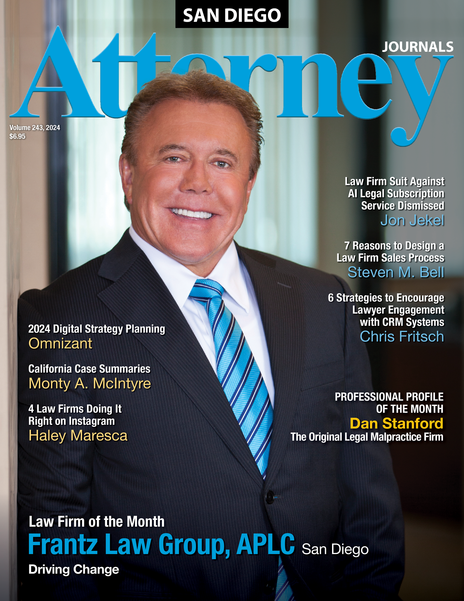 a man in a suit and tie is on the cover of an attorney magazine