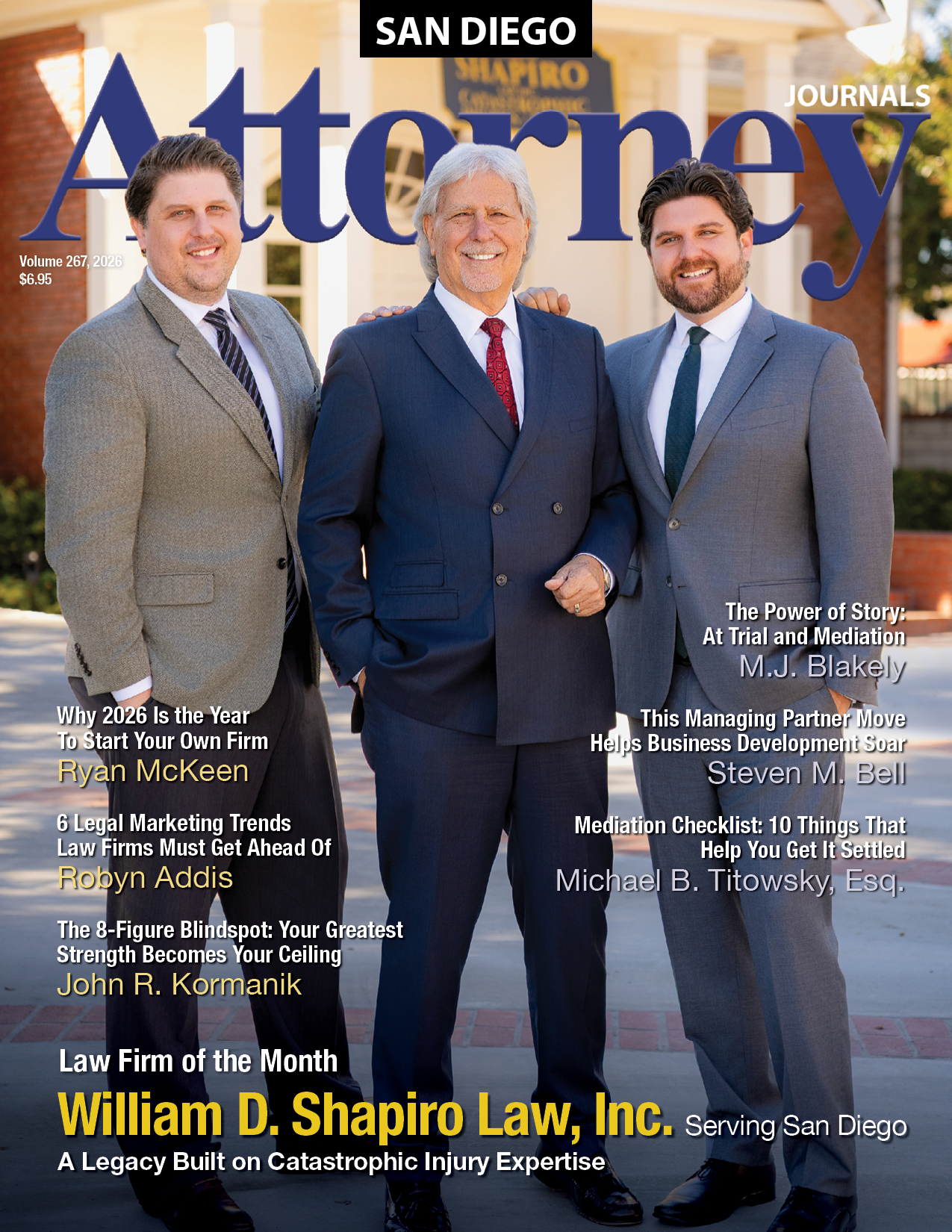 Orange County Attorney Journals cover: Three men in suits, Dunn DeSantis Walt & Kendrick LLP, Law Firm of the Month.