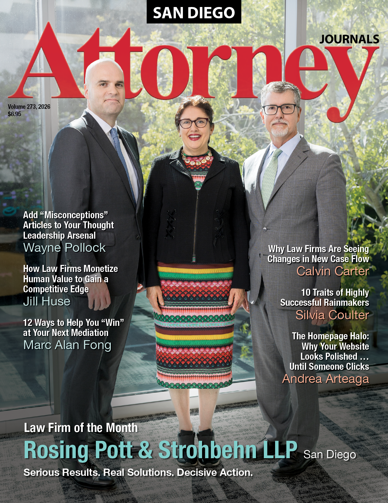 San Diego Attorney magazine cover with three people standing outdoors; law firm of the month featured at bottom