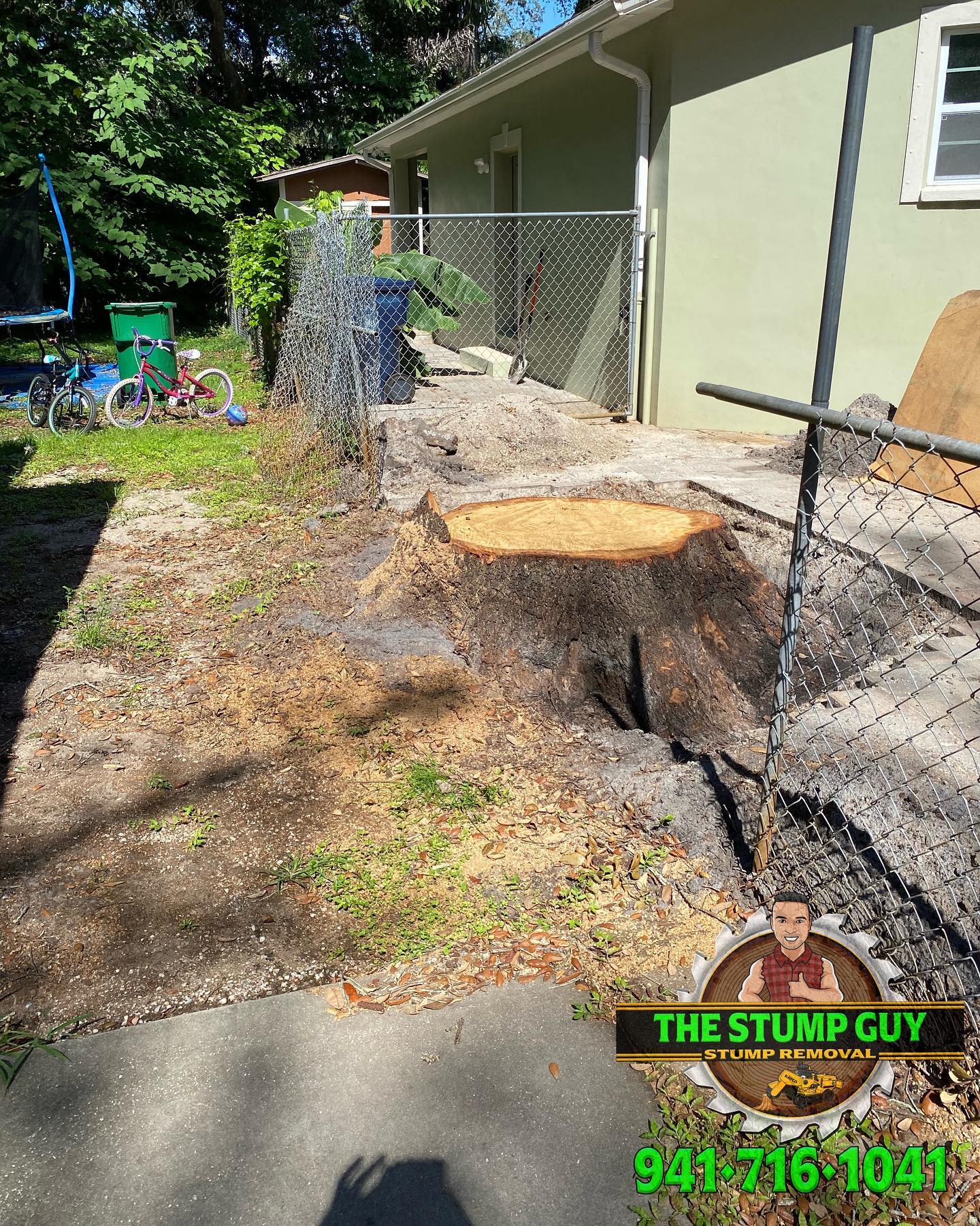 Tree stump removal in a backyard near a fence and house. The Stump Guy's logo is in the corner.