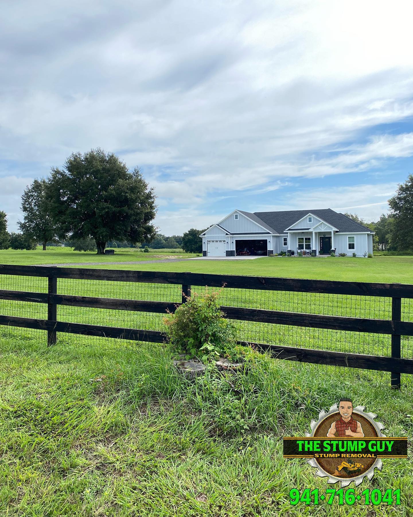 A house with a black fence in front; grassy field, tree, and cloudy sky.