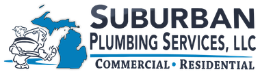 The logo for SuburbanPplumbing Services LLC is blue and white