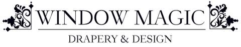 A black and white logo for window magic drapery and design.
