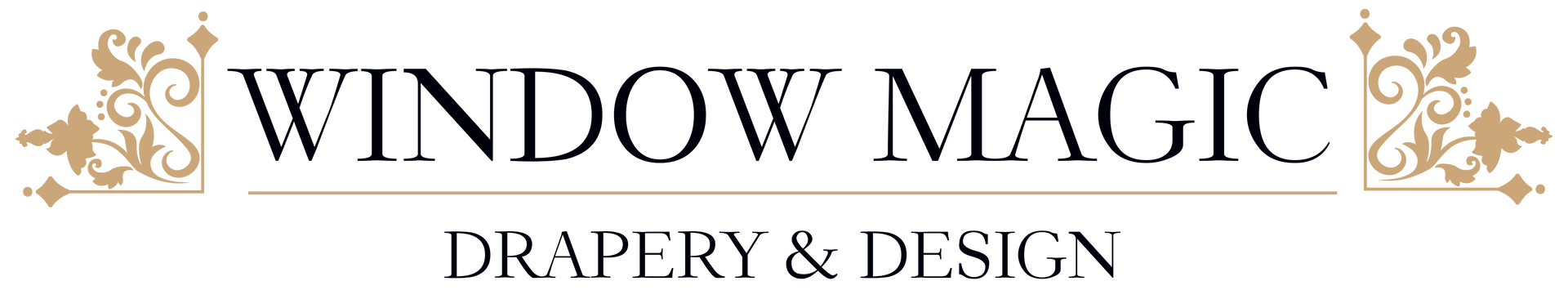 A logo for a window magic drapery and design company.