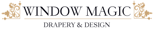 A logo for a window magic drapery and design company.