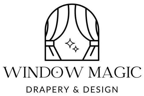 A black and white logo for window magic drapery and design.