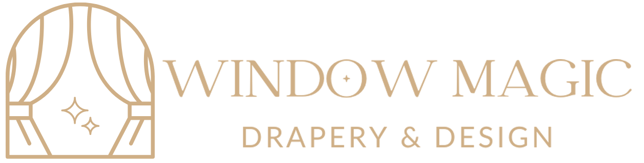 A logo for a window magic drapery and design company.