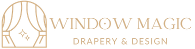 A logo for a window magic drapery and design company.