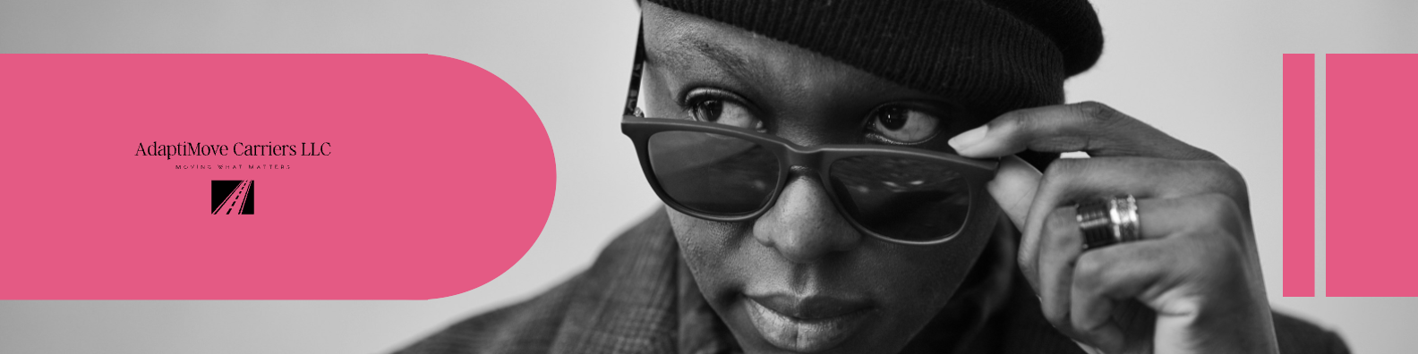 Black and white photo of a person wearing sunglasses and a beanie. Pink rectangle with white text.