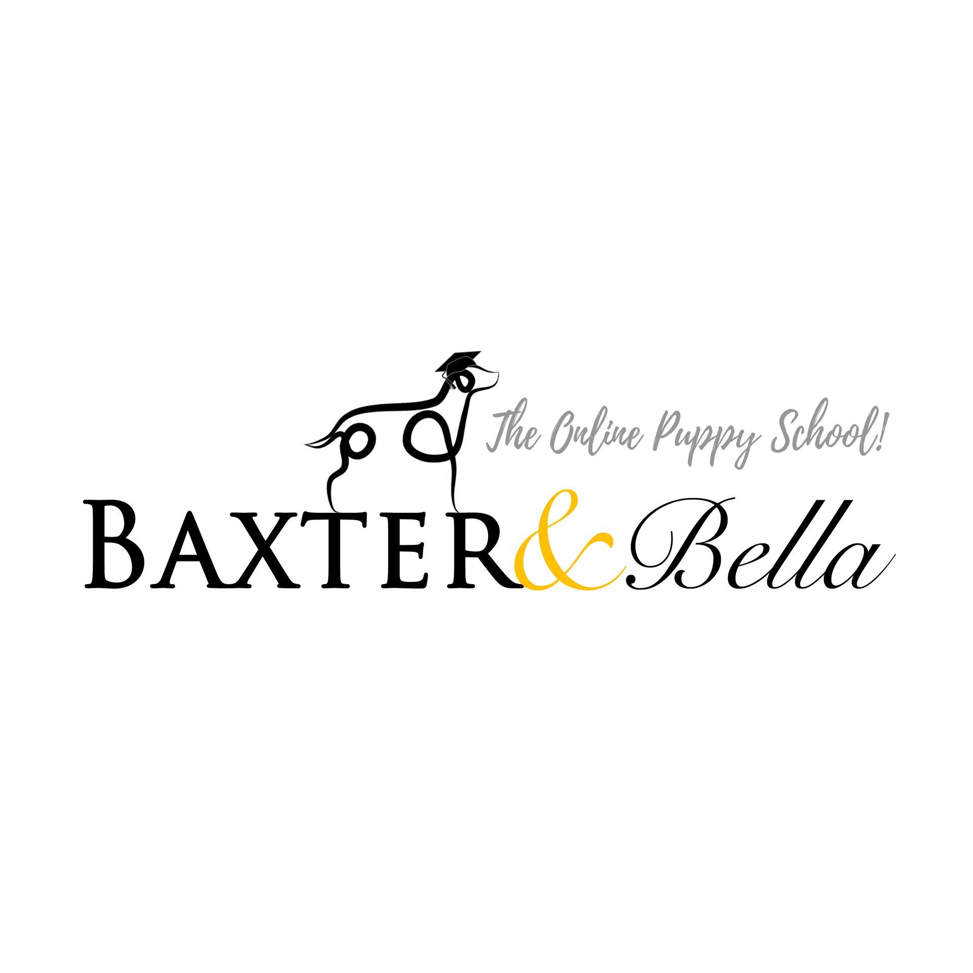 Logo for Baxter & Bella, The Online Puppy School, featuring a black dog outline with a graduation cap.