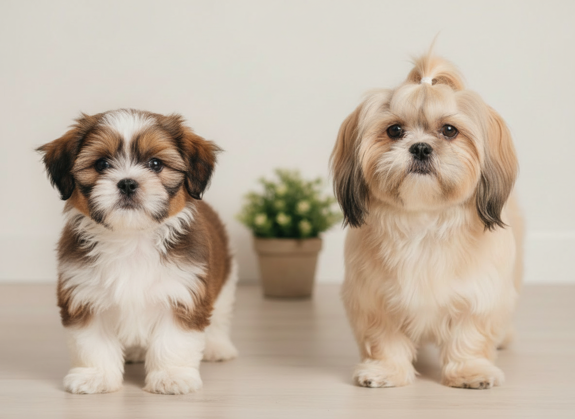 Two fluffy Shih Tzu dogs stand on a light floor against a neutral background, with a small potted plant between them.
