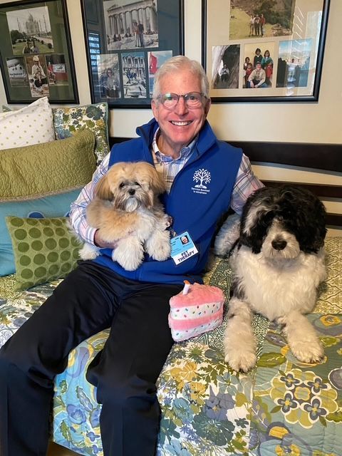 Two dogs, Shichon and poodle and their trainer, sitting on couch, brown and white and black and white dogs. 