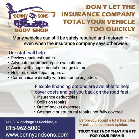Benny & Sons Body Shop ad promoting insurance claim help, repairs, and towing, with phone number and website.