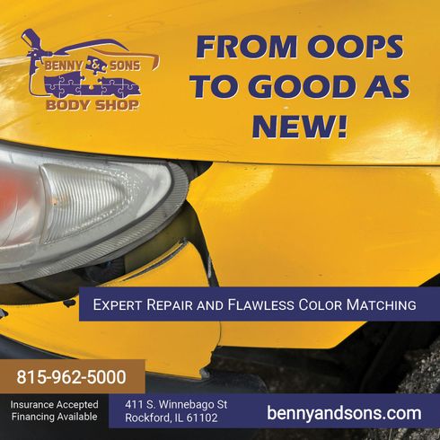 Auto body shop ad with yellow car bumper, “From Oops to Good as New!” and contact info