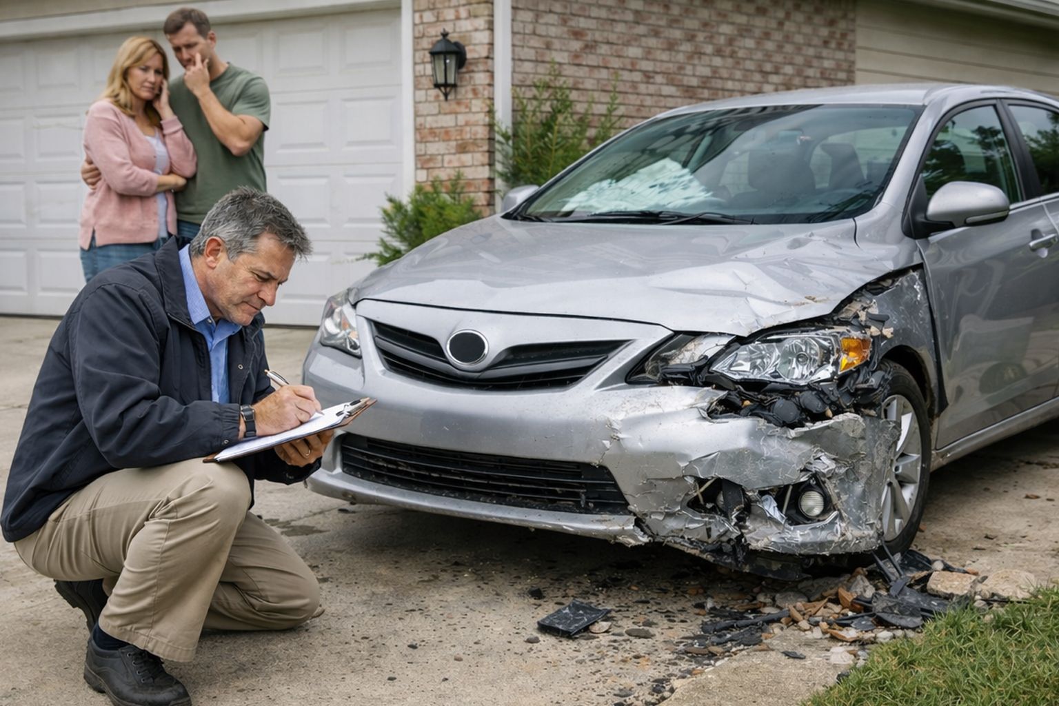 An insurance adjuster inspects a silver car with front-end damage while a concerned couple watches in a residential driveway.