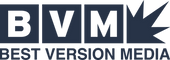 Logo for Best Version Media: dark blue squares with white letters BVM, and a stylized sunburst.