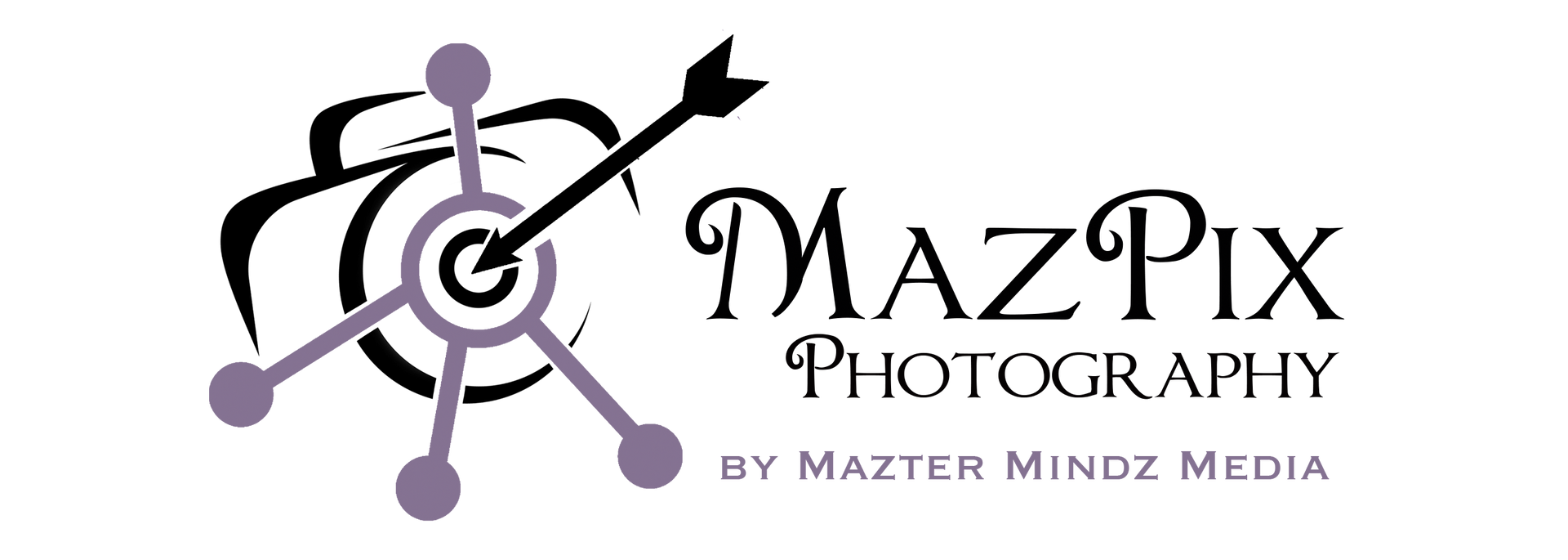 Logo for MazPix Photography, featuring an arrow through a camera icon, with the company name and 