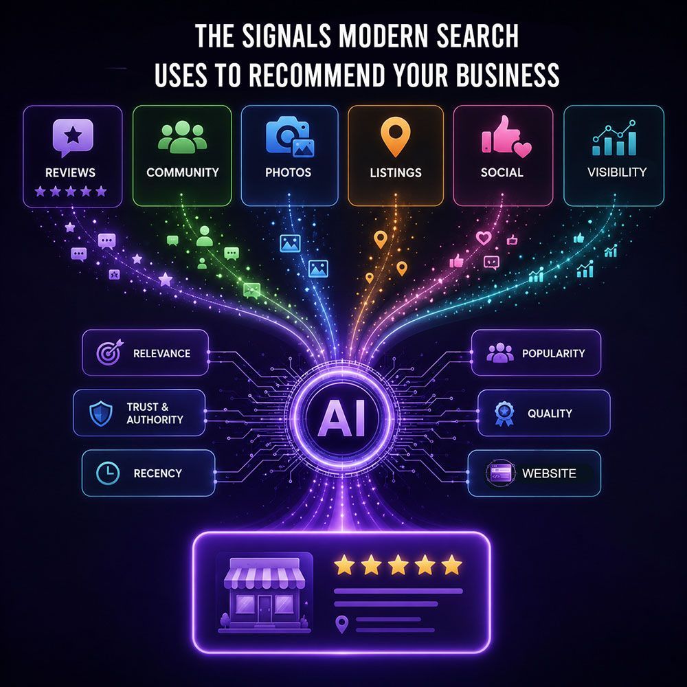 Diagram: signals that go into being recommended online by search
