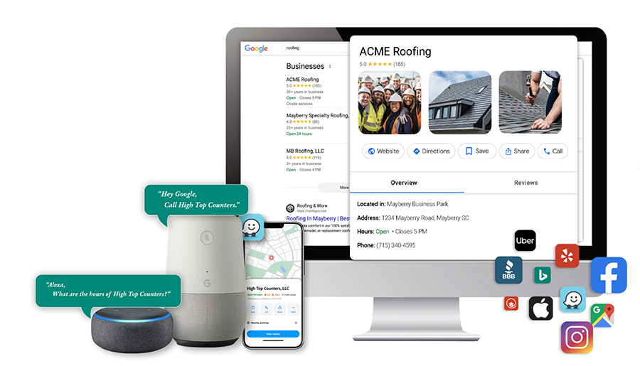 A computer screen displays a business profile with search results, smart speakers, a phone with map, and social media icons.