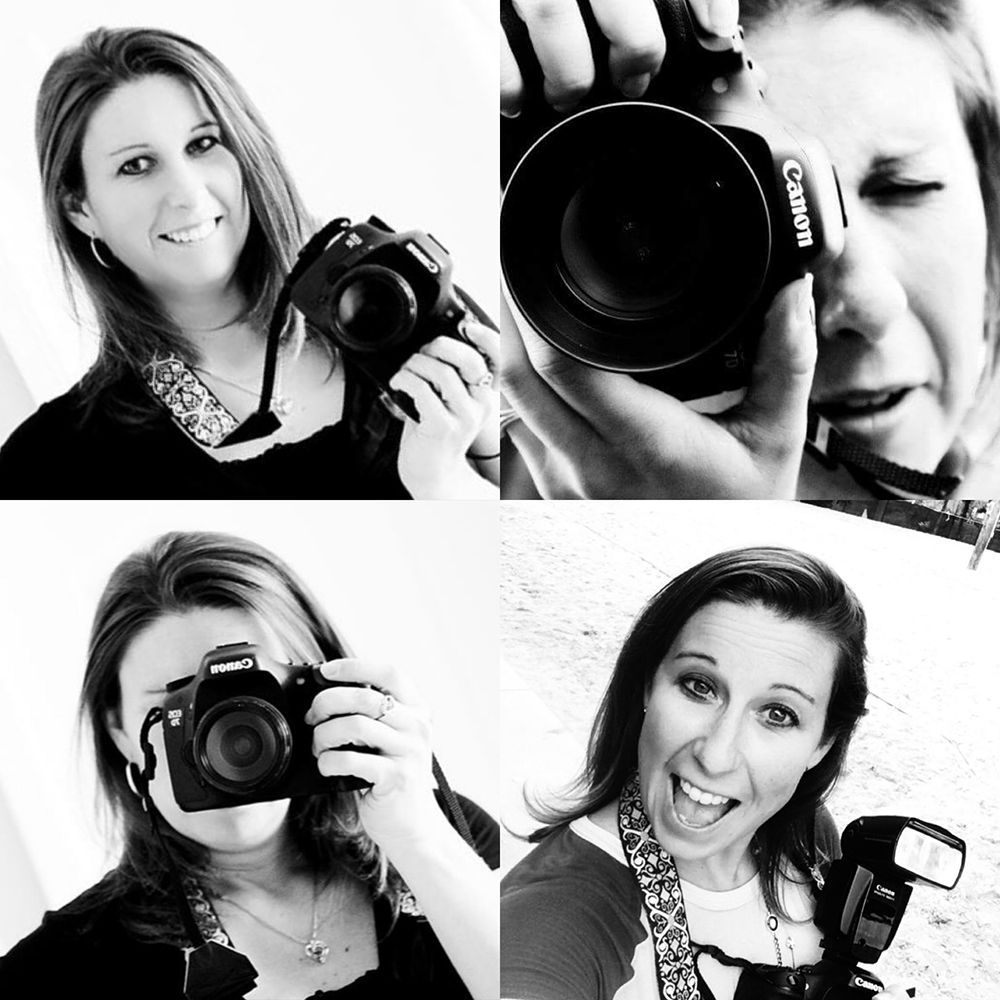 collage of four photos of a photographer taking pics in black and white