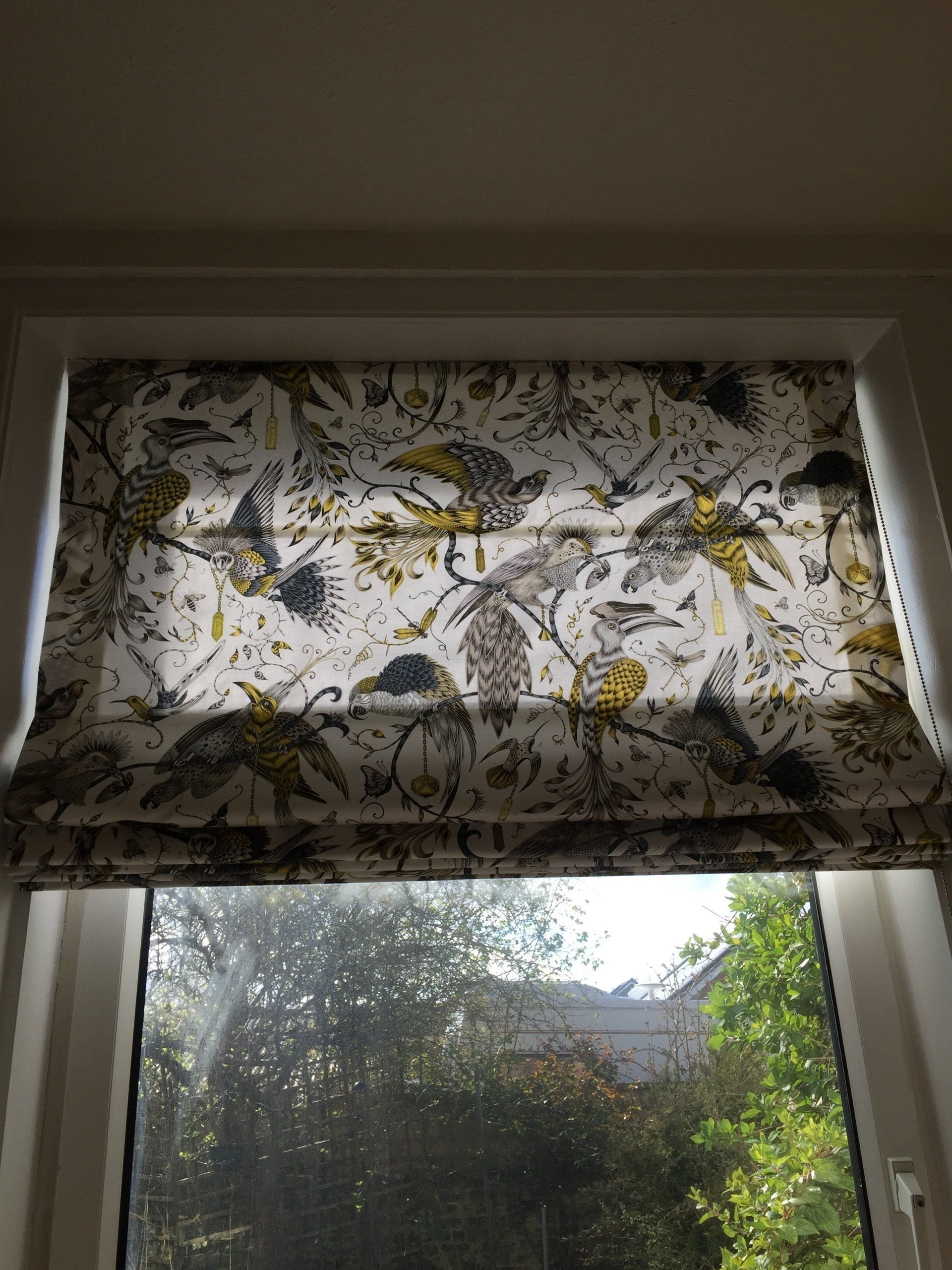 Roman blinds with bird patterned fabric half closed