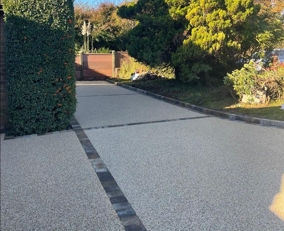 A driveway leading to a house with trees on both sides.