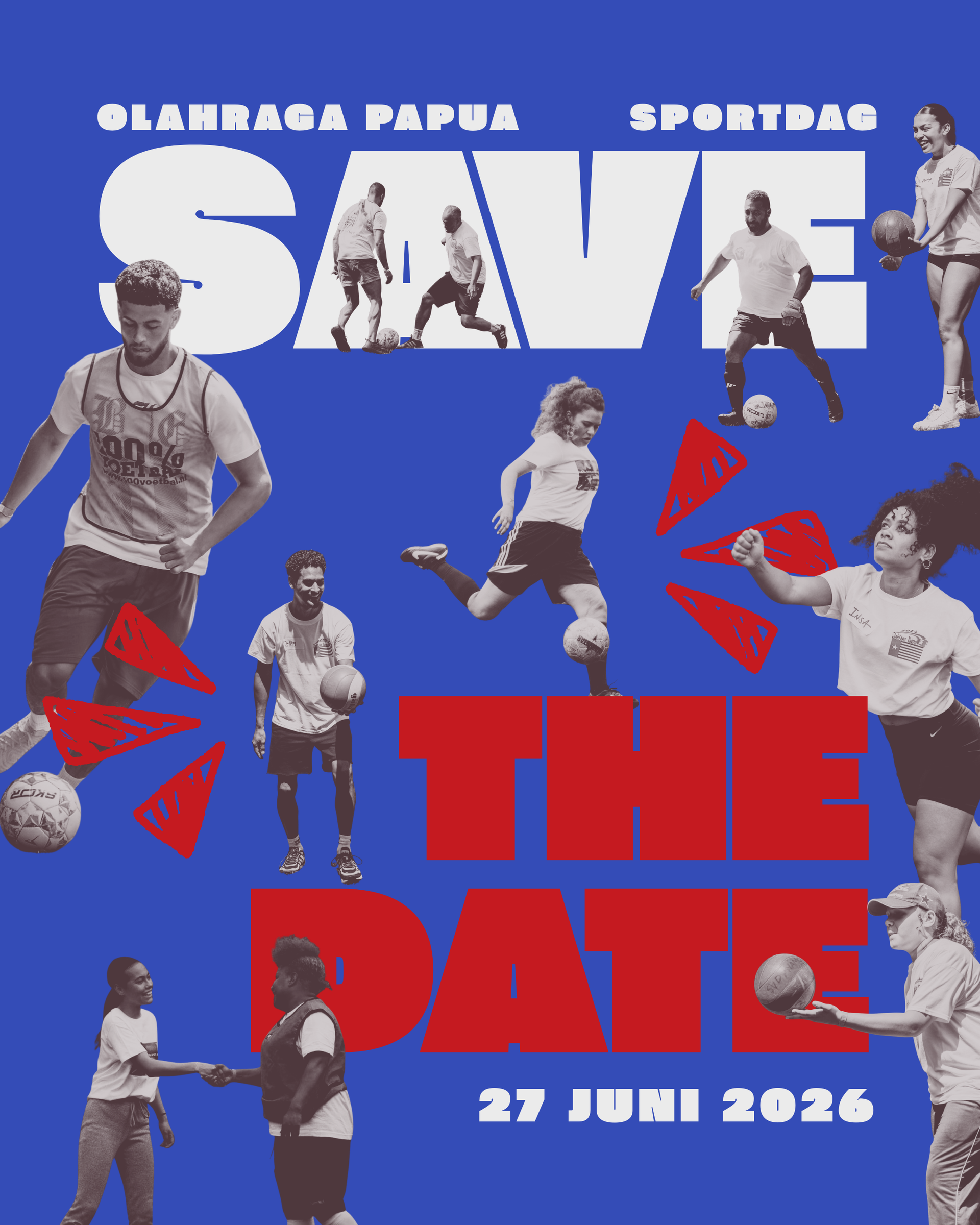 "Save the Date"-flyer voor het Olahraga Papua Sportbag-evenement, met atleten in actie op een blauwe achtergrond, 27 juni 2026.