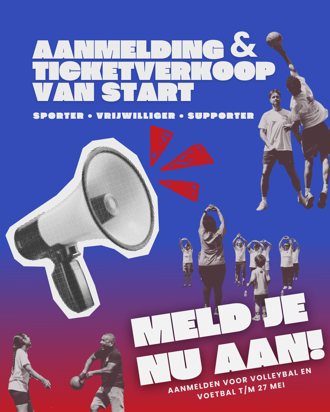 Evenementflyer voor sportinschrijving en kaartverkoop, met een megafoonafbeelding, atleten en tekst in het Nederlands op een blauwe achtergrond.