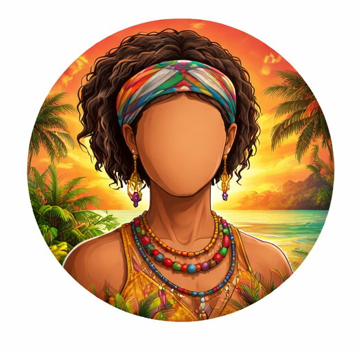 Een gezichtsloze persoon met krullend haar en een kleurrijke hoofdband, die kralensieraden draagt, tegen de achtergrond van een tropische zonsondergang.