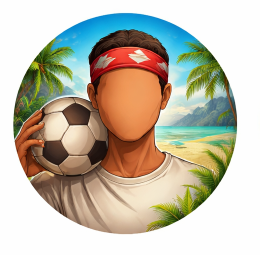 Een gezichtsloze persoon met een rode hoofdband houdt een voetbal vast op een zonnig tropisch strand met palmbomen en een blauwe lucht.