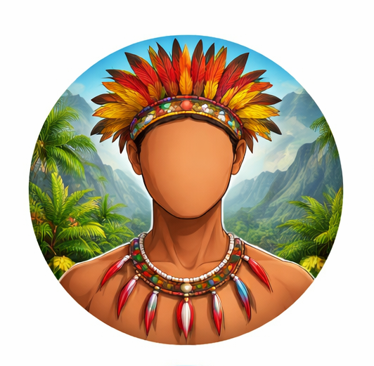 Een persoon met een opvallende verentooi en een kralenketting, tegen een achtergrond van bergen en jungle.