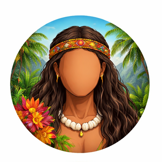 Gezichtsloze persoon met lang bruin haar, een bloemenhoofdband, een schelpenketting en oorbellen, tegen een tropische achtergrond.