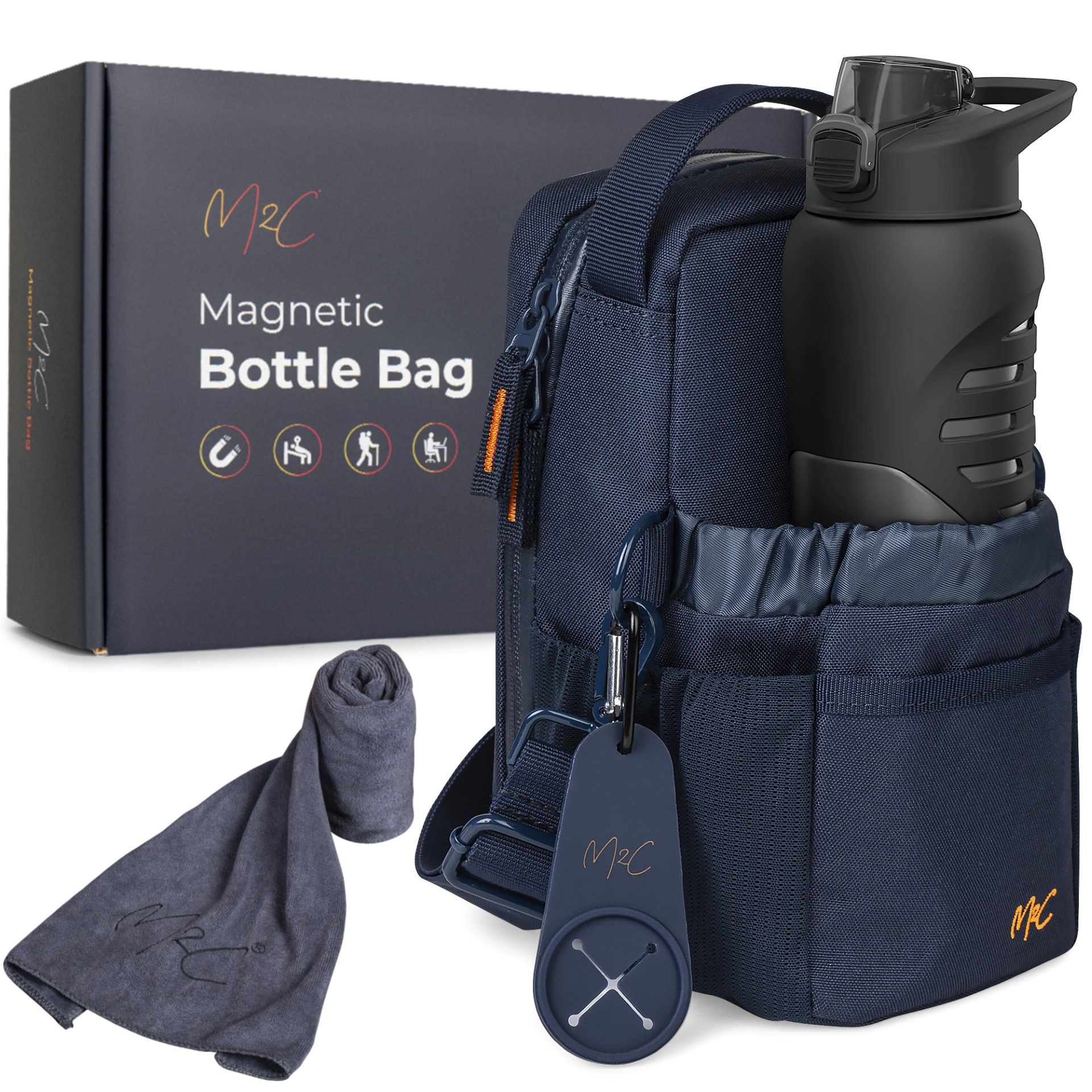 A magnetic bottle bag with a water bottle in it