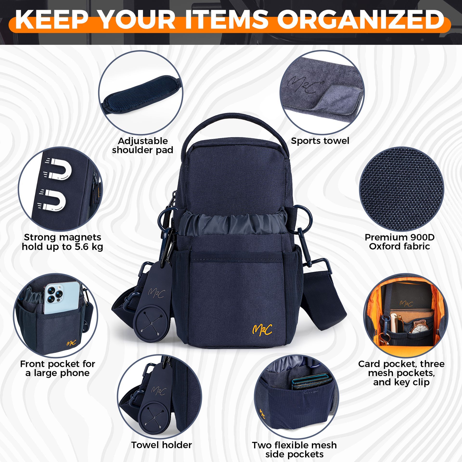 A picture of the M2C Magnetic Bottle Bag showing all the USP's